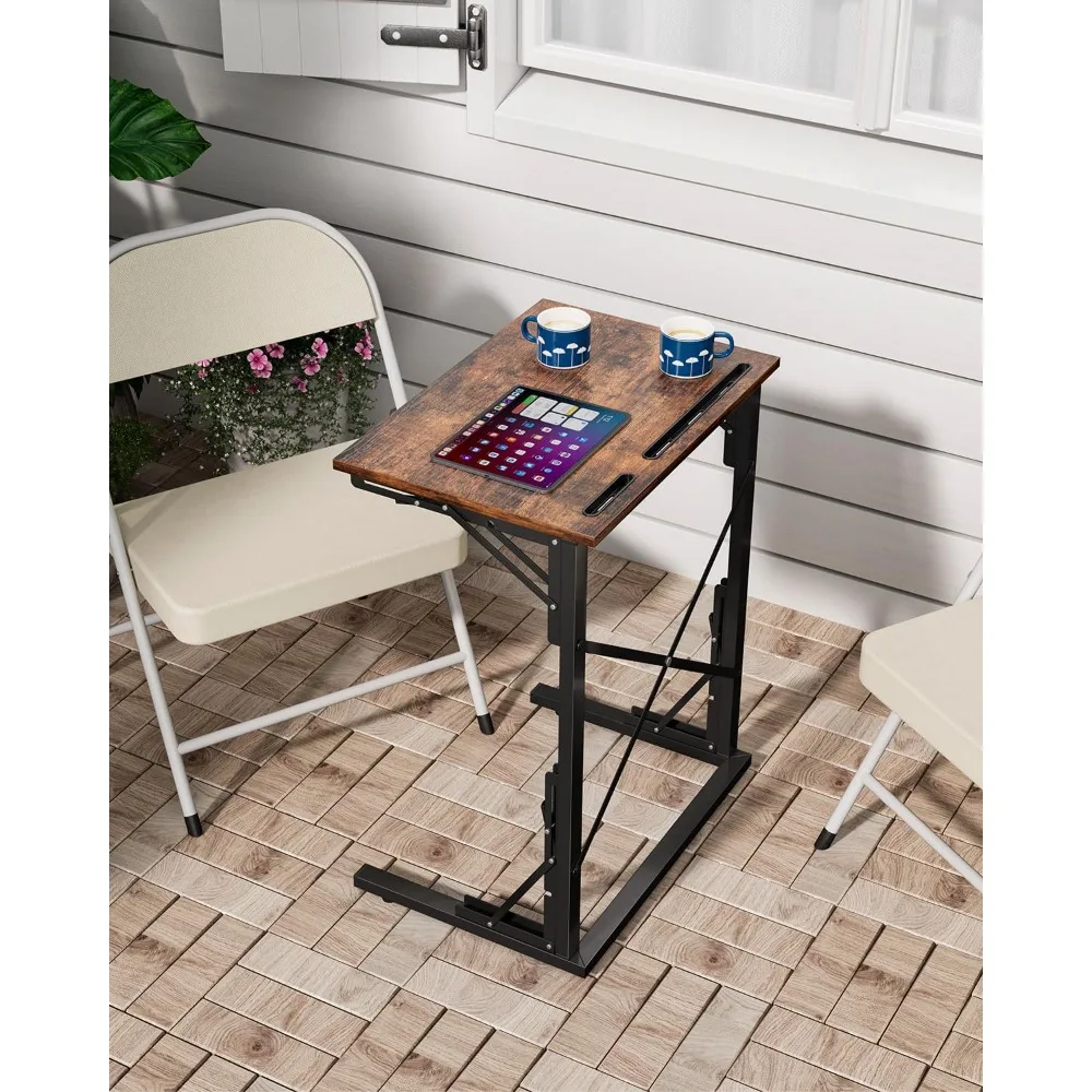 

Fast shipping 21''Wx28''H Folding TV Tray, Small Foldable C-Shaped End Table for Eating with Tablet and Phone Slots, Slide