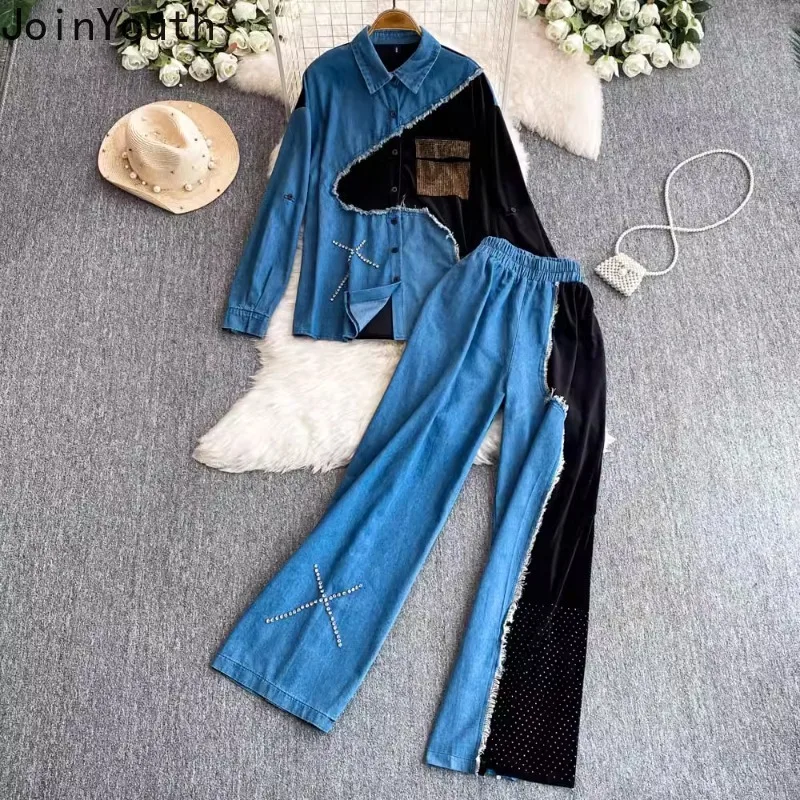 Chic Wome Two Piece Set Roupas Femme Y2k Clothes Patchwork Denim Long Sleeve Shirt High Waist Straight Wide Leg Pants Outfits