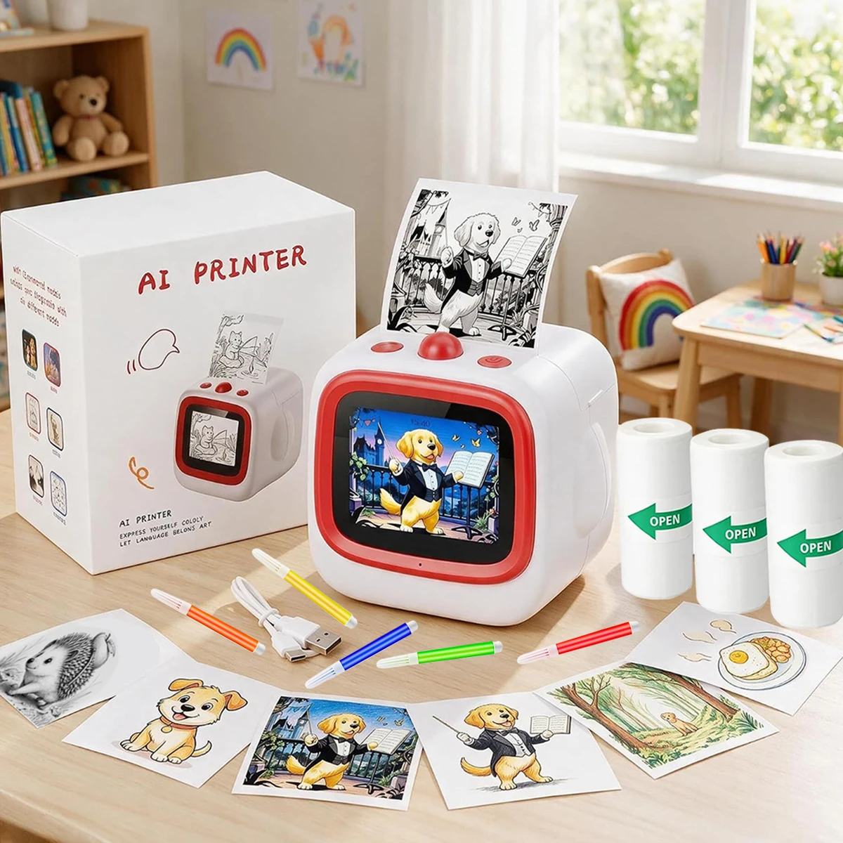 New AI printer, smart voice imaging, portable inkless printer with high resolution, USB charging, suitable for creative ID and t