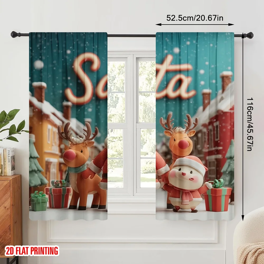 2pcs,2D plane printing Window Curtain Merry Christmas Santa Claus and the Reindeer Durable Polyester (without rod) Decorations