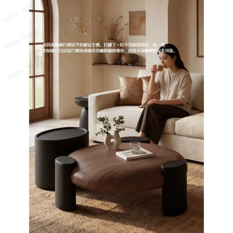 

Medieval style coffee table combination round living room household small apartment light luxury high-end walnut color