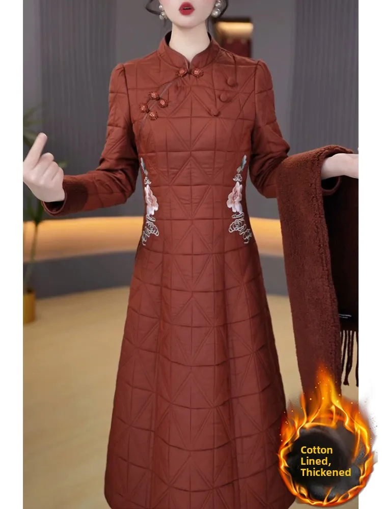 

Thiened Cotton Scarf Two-Piece Set Women's Dr Autumn Winter New Sle Ladylike Long Sve Midi Skirt