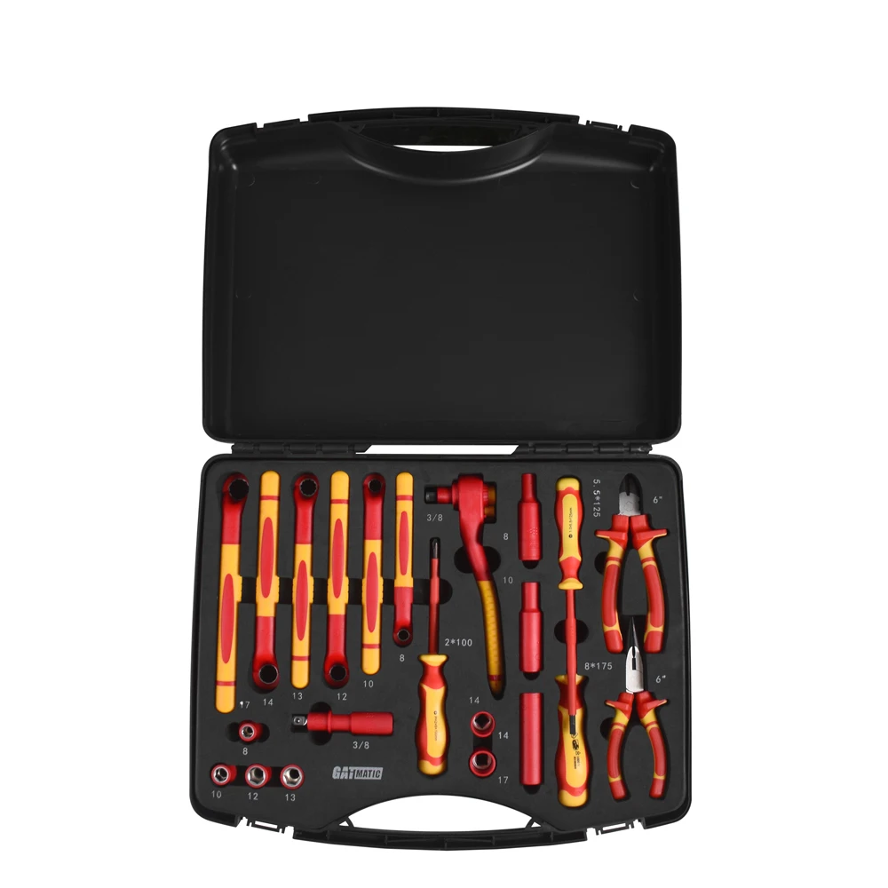 

GATmatic Custom 22pcs 1000V VDE Socket Wrench Screwdrivers Set Electrical Insulated Hand Tools Pickaxe Sickle Prof Box Case CR-V
