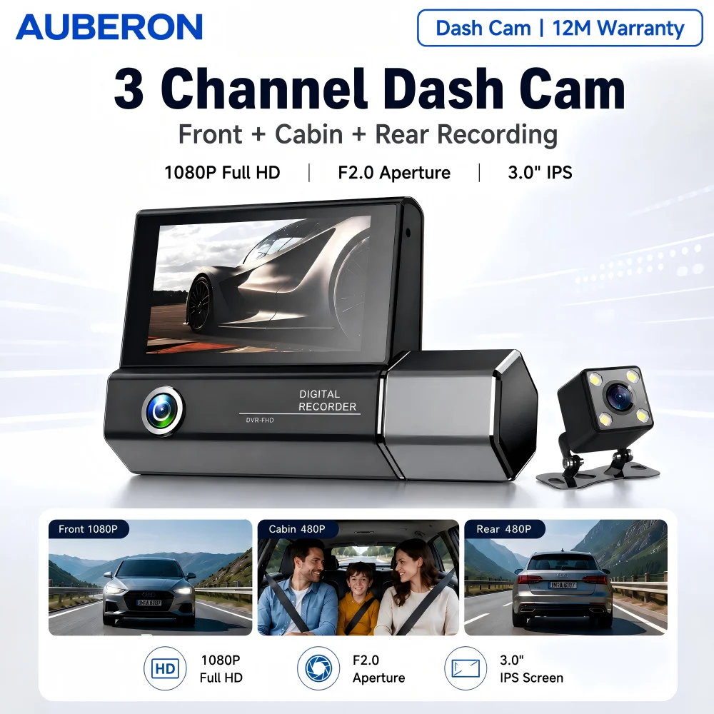 1080P Full HD 3‑Channel Dash Cam Front Cabin Rear Triple Lens 3.0