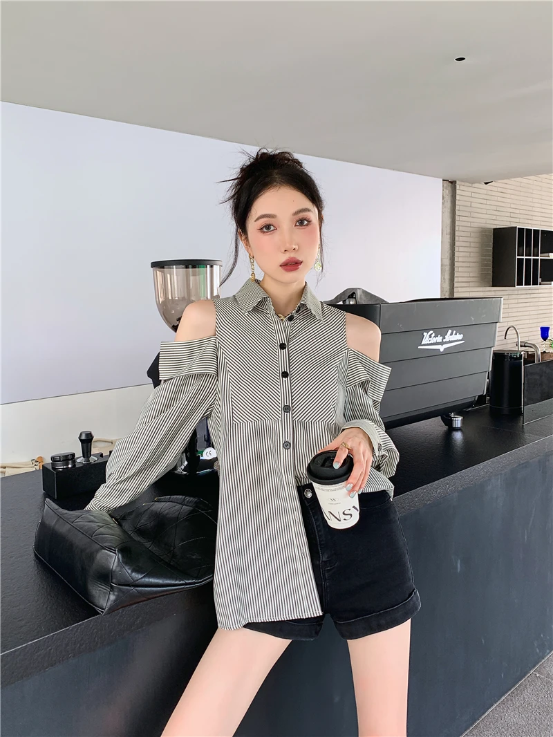 CHEERART Off The Shoulder Long Sleeve Striped Button Up Shirt Women Korean Fashion Designer Top Collared Shirt Autunn Clothes