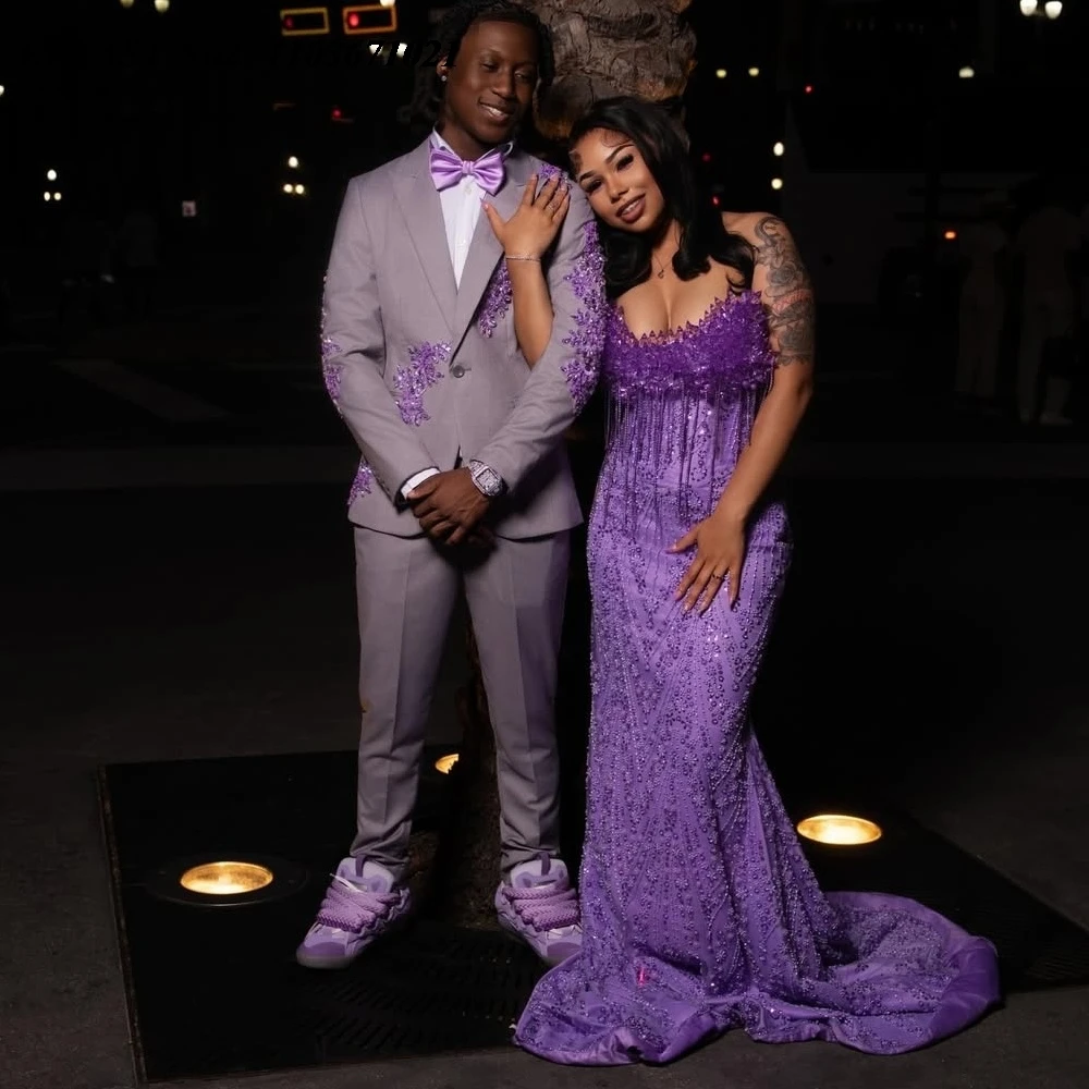 EVLAST Customized 2026 Lilac Mermaid Prom Dress For African Black Girls Crystal Beaded Tassel Evening Gown Robe De Soiree SP288 - view 2