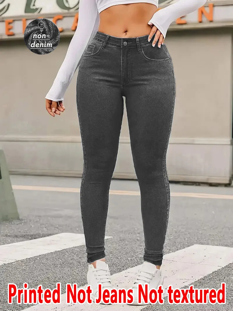 1131  Ladies Printed Tight Pants Non- Denim Fabric Textureless Denim Print Base Layer Pants Wearable All Seasons