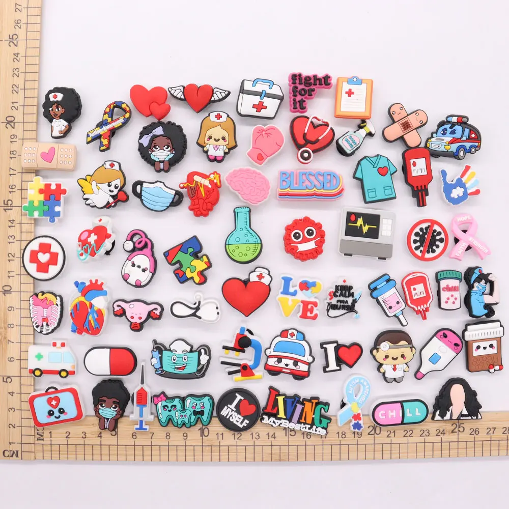 Mix 100pcs/set Doctor Nurse Heart Teeth Shoes Decorations Medicine Sandals Shoe Buckle for Kids Wristband Charm