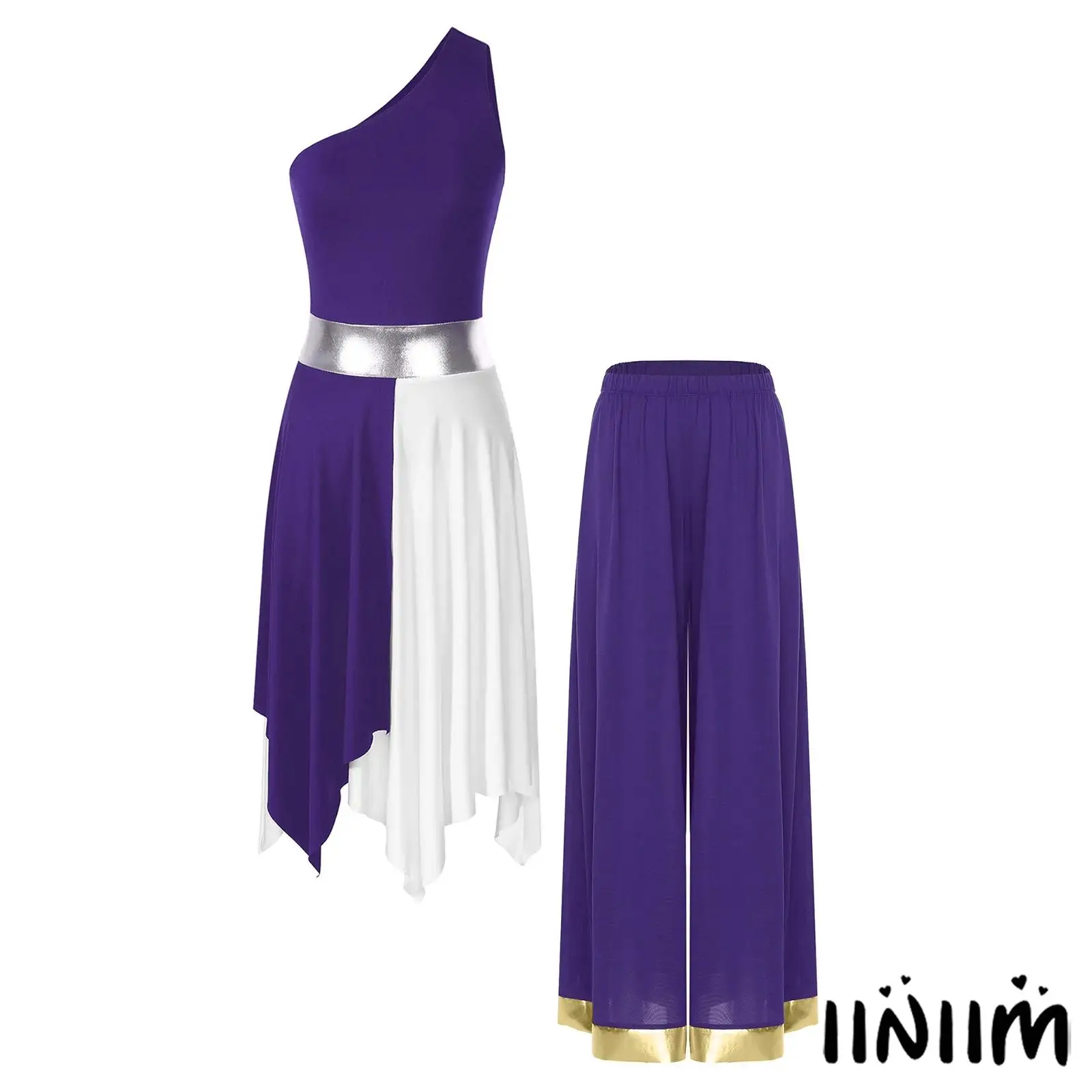 

Women's Praise Dance Outfit Sleeveless One-Shoulder Top with Wide-Leg Pants Modern Ballroom Dancewear for Lyrical Worship Dance