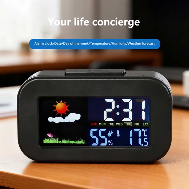 Weather Station Clock With Color Display - Temp & Humidity Monitor Backlit for Kids & Teens Perfect for Bedroom/Dorm Desk