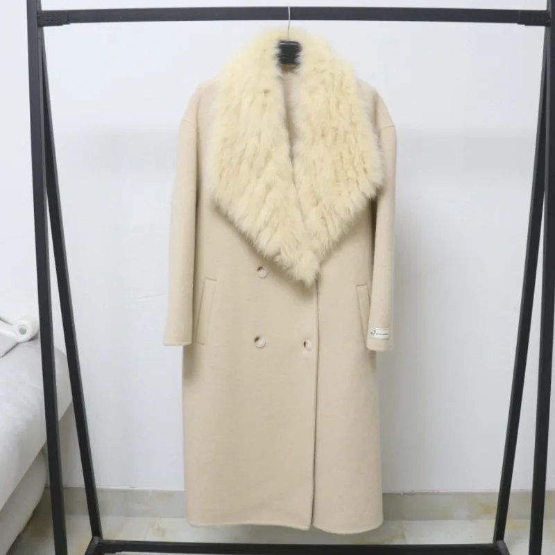 

Women's Elegant Autumn Winter Wool Long Sleeve Faux Fur Collar Long Coat Lady Warm Double Breasted Loose Wool Outwear