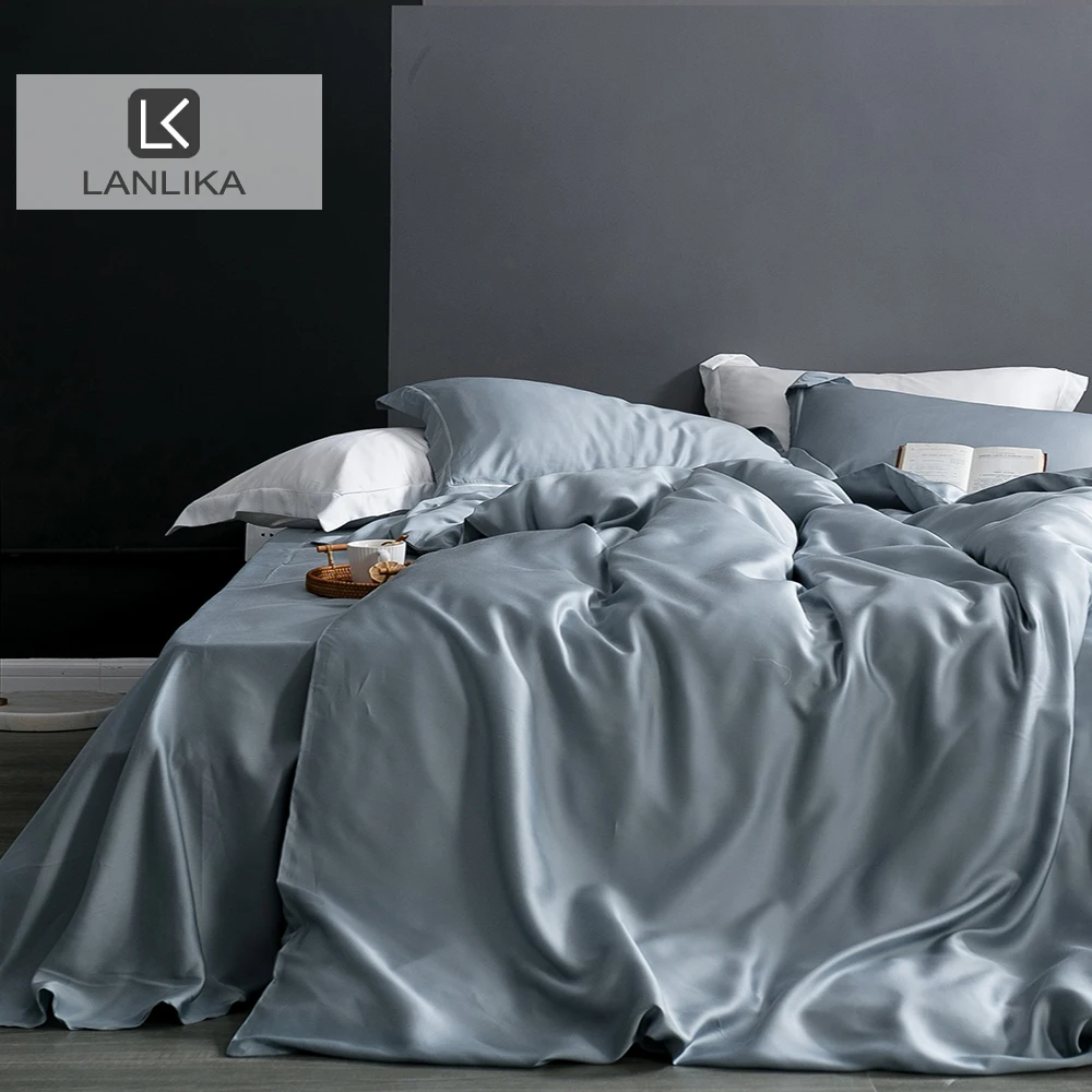 Lanlika Women Man 100% Silk Blue Gray Bedding Set Double Queen King  Duvet Cover Flat Sheet Bed Linen Pillowcase For Sleep Gift