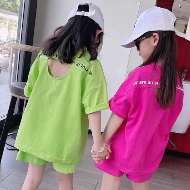 

Teenage Kids Girls Clothing Sets Summer Casual Short Sleeve T-shirts + Pants 2PCS Fashion Children Clothes Suits 8 10 12 14 Year