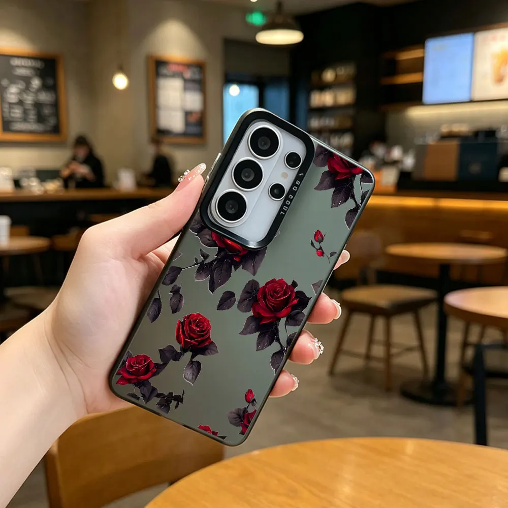 For Samsung Galaxy A73 A72 A71 A56 A55 A54 A53 A51 A36 A35 A34 A52 A50 A30 S 4G 5G Retro Red Rose IMD Print Phone Case Cover