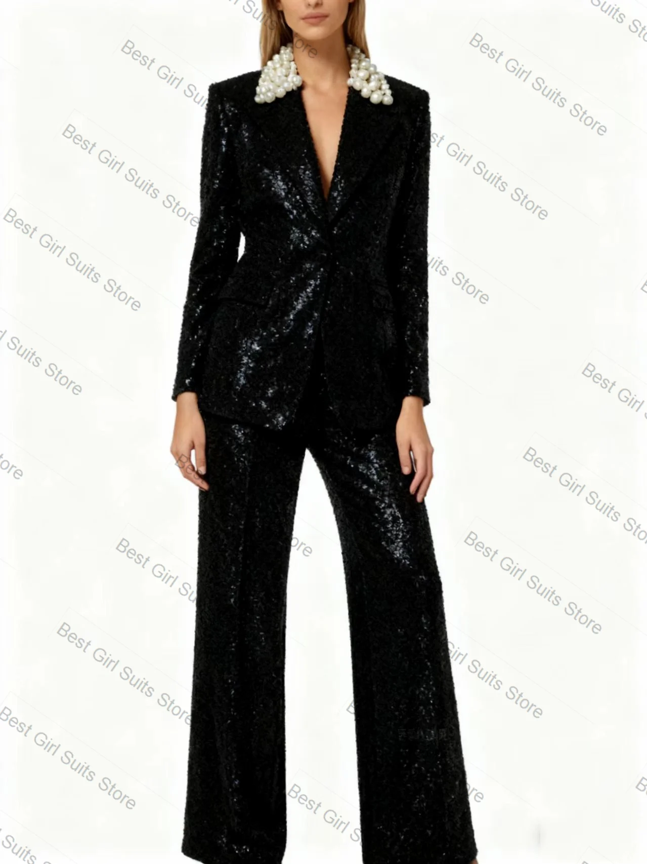 

Pearls Black Sequins Women Suit Set 2 Piece Shiny Blazer+Pants Trousers Formal Office Lady Jacket Customized Prom Wedding Coat
