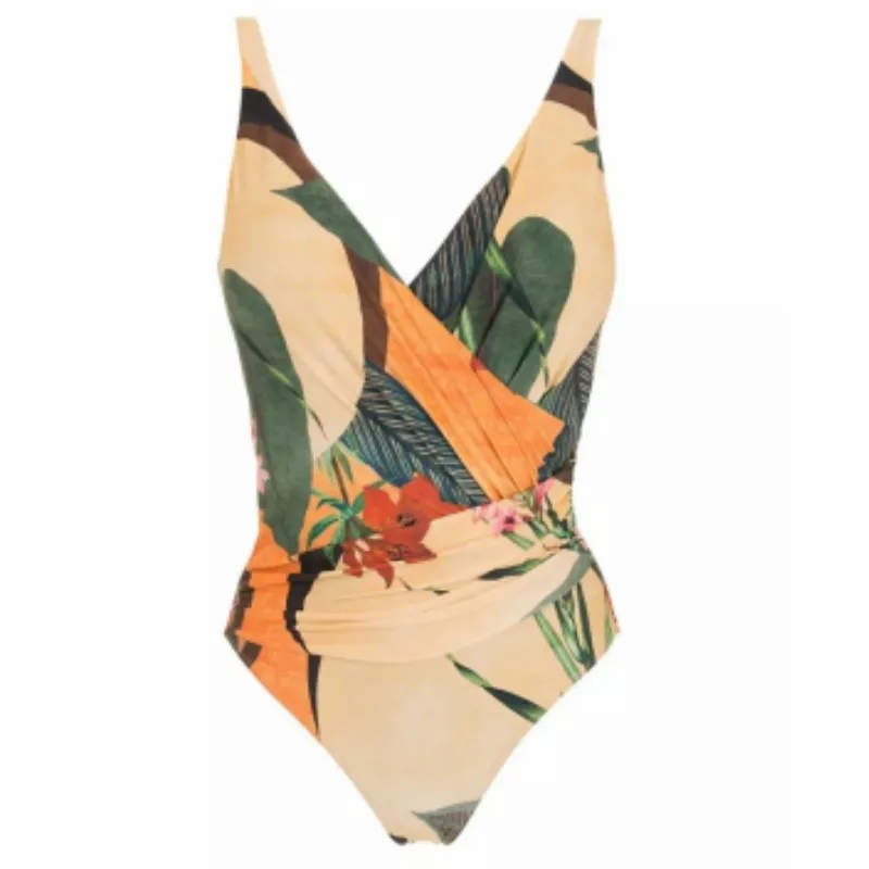 Vintage Women Flora Print Bikini Sets Swimsuit & Skirt Sexy Asymmetrical One Piece Swimwear Female Cover Up Beach Bathing Suits