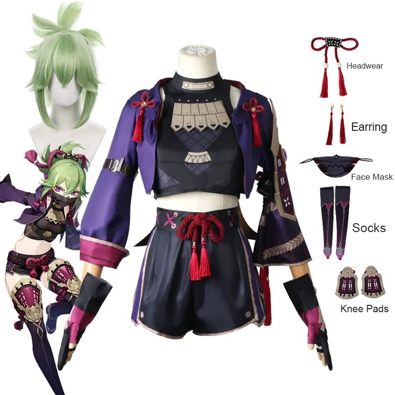 Genshin impacto kuki shinobu cosplay traje e acessórios arataki ninja feminino completo outfits shinobu peruca headwear