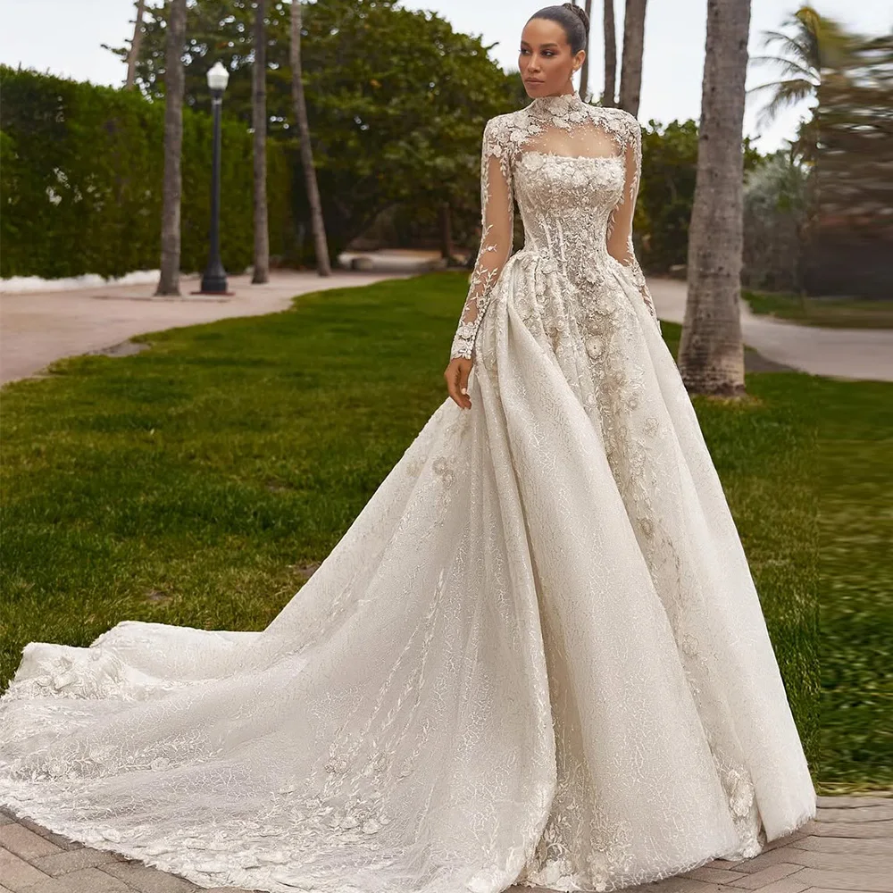 

High Quality High Collar Long Sleeves Wedding Dress Customized Beading Appliques Bridal Gowns Sparkly Organza Vestido De Novia