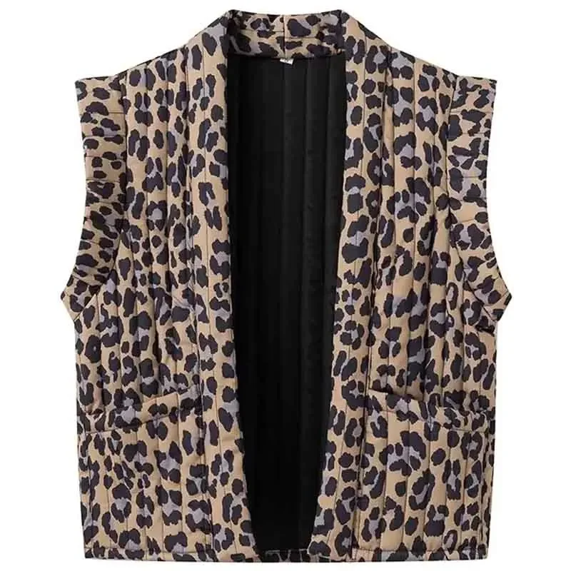 TRAF Women\'s Vest Spring 2024 Leopard Print Waistcoat V-Neck Short Sleeve Cardigan New In Outerwears Elegant Fashion Ladies Vest