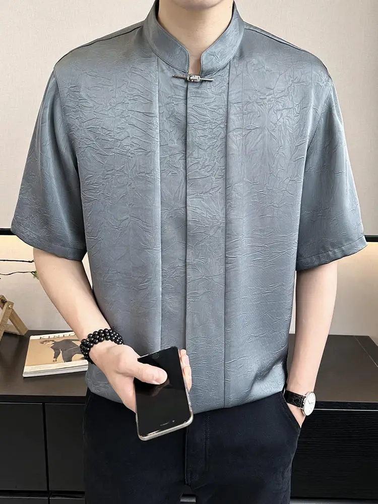 

Новая китайская футболка из ледяного шелка с воротником-стойкой, модная мужская летняя футболка свободного кроя, рукав до локтя