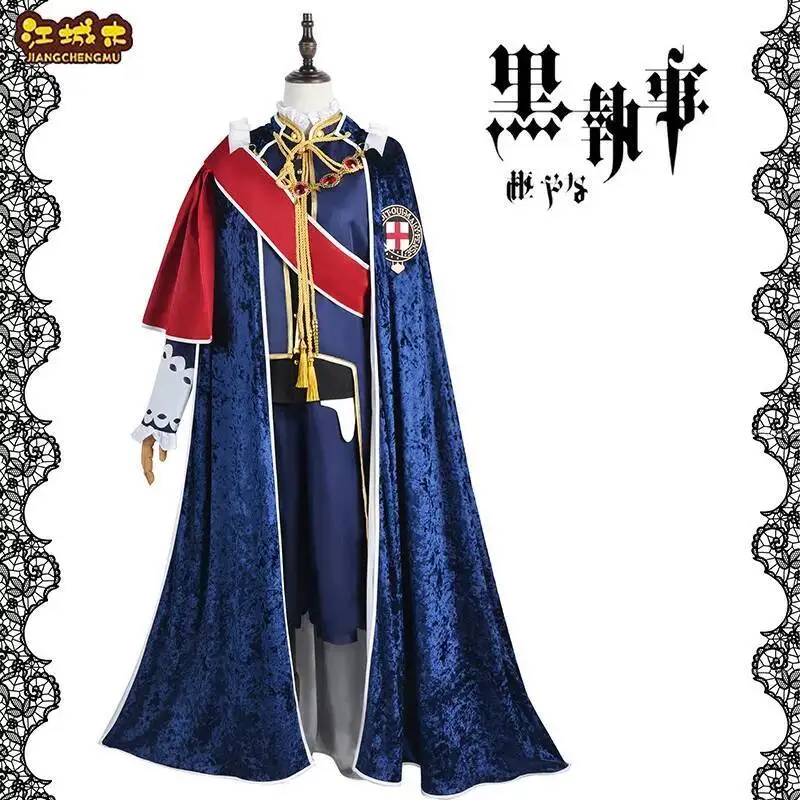 

Anime Black Butler Cosplay Costume Ciel Phantomhive Men Navy Uniform Halloween Party Jacket Coat Cloak Hat Ornaments Prop Suit