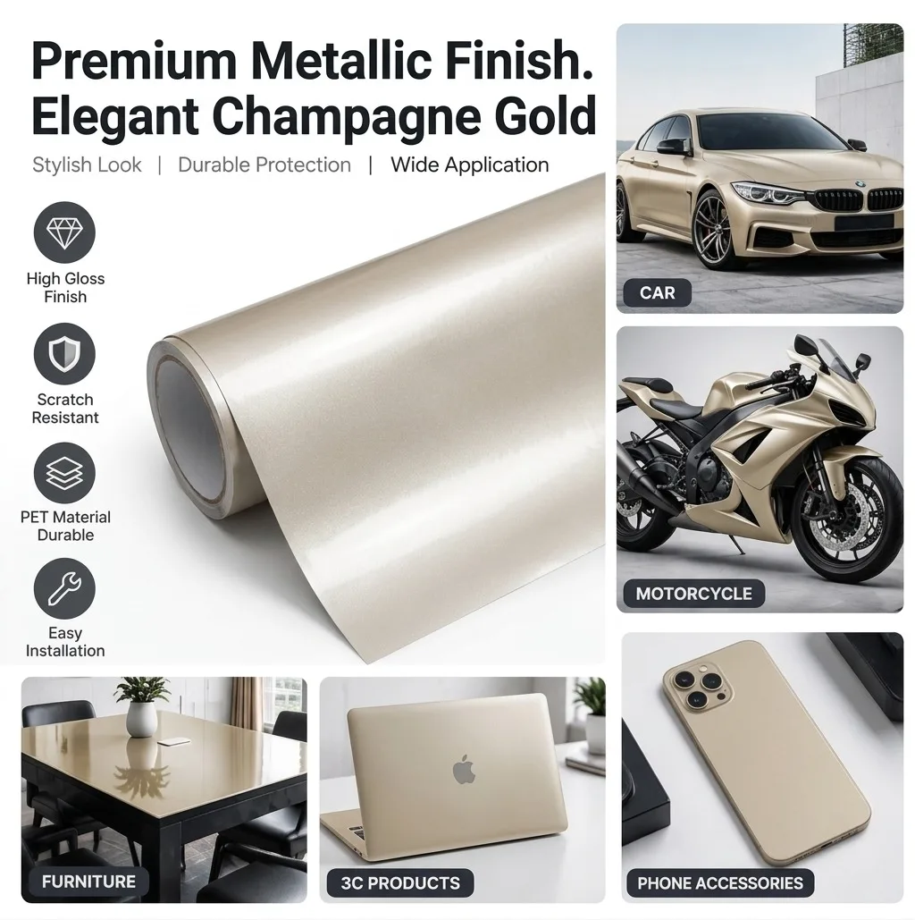 Ultra bright metal champagne gold car vinyl PVC body sticker color changing film roll paint surface protection