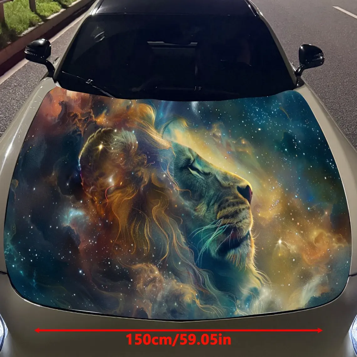 طباعة الأسد المرصعة بالنجوم السماء ، ملصقات غطاء محرك السيارة ، ملصق غطاء السيارة ذاتي اللصق PVC مقاوم للماء ، ملصقات حماية تزيين غطاء السيارة ، AU #2