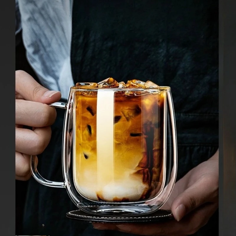 

Double Wall High Borosilicate Glass Mug With Handle Insulated Coffee Milk Cups for Hot & Cold Drinks Durable Tea Cup With Spoon