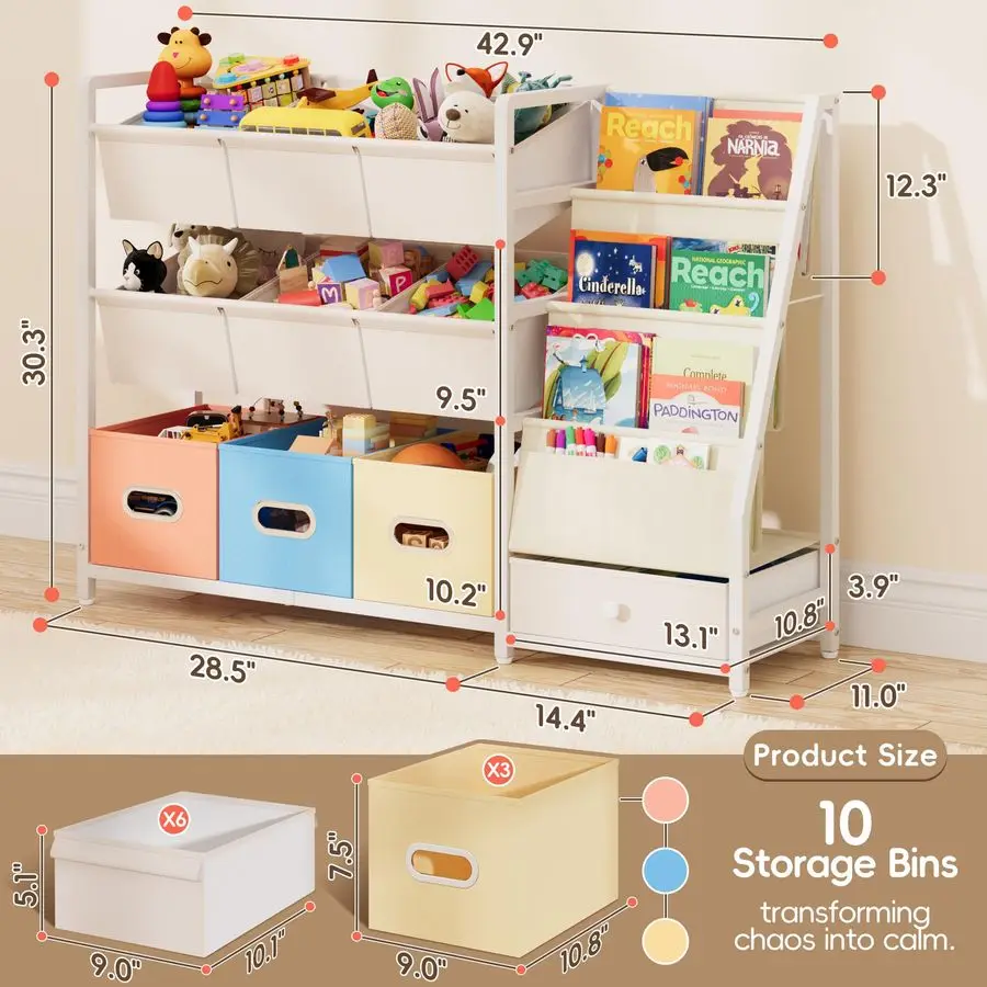 منظم تخزين رف كتب للأطفال وتخزين الألعاب مع 3 رف كتب و10 صناديق تخزين، تخزين غرفة لعب مونتيسوري للأطفال الصغار، #2