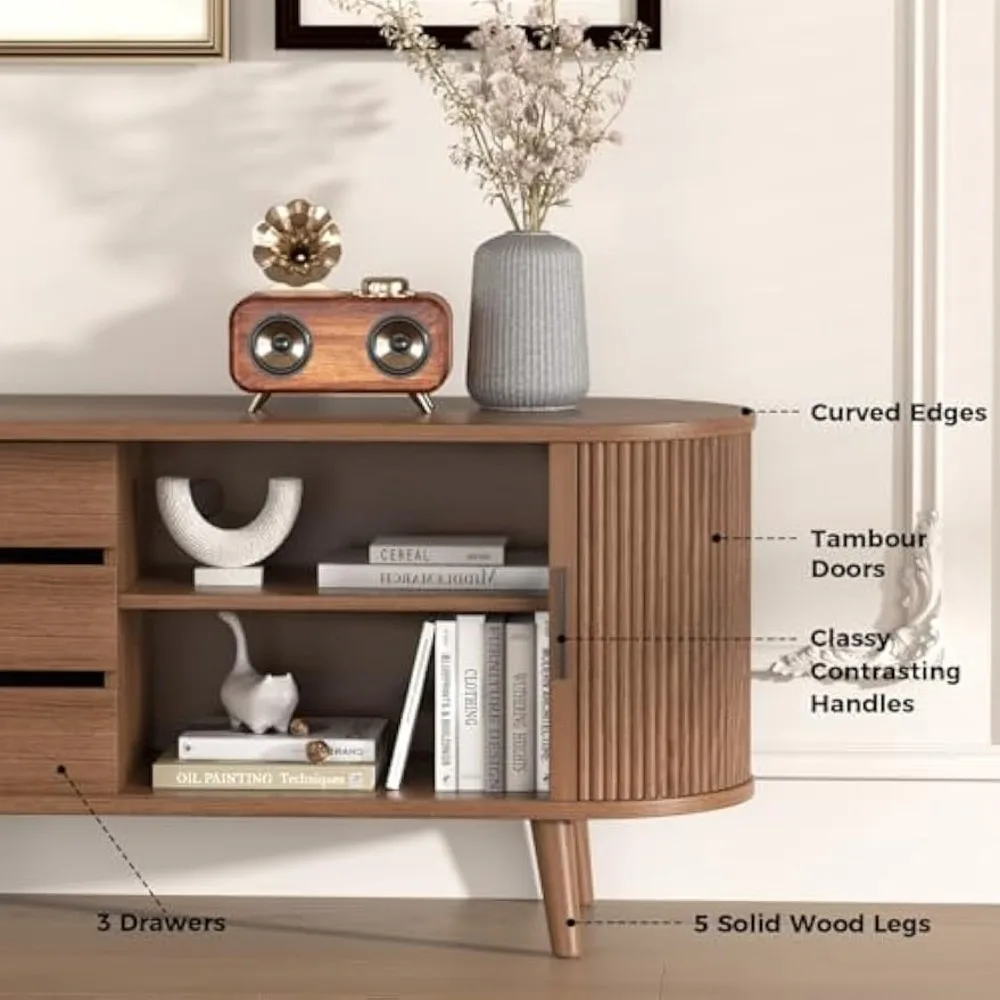 حامل تلفزيون لغرفة المعيشة، مركز ترفيه حديث لمنتصف القرن مقاس 71 بوصة مع حافة منحنية لتلفزيون 55/60/65 بوصة ووحدة تحكم الوسائط