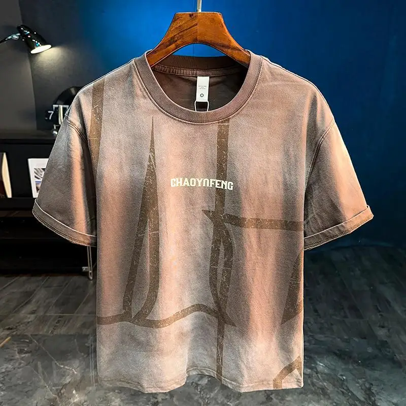 

2025 New Washed Vintage Dressing Gradient T-shirt Men's Short Sleeve Summer High end Trendy Casual Top
