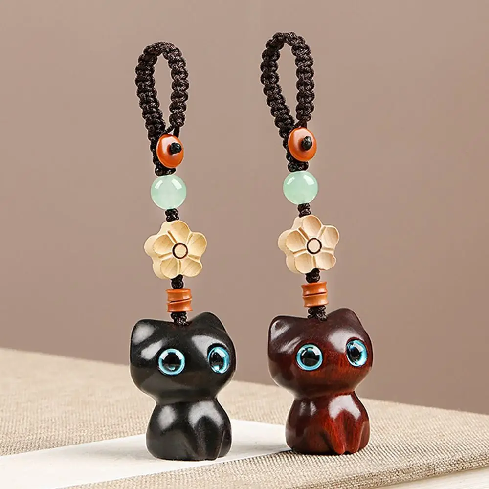 Sandalwood Wooden Lucky Cat Keychain Car Keys Pendant Charms Retro Cute Mobile Phone Chain Wooden Bag Pendant Accessories
