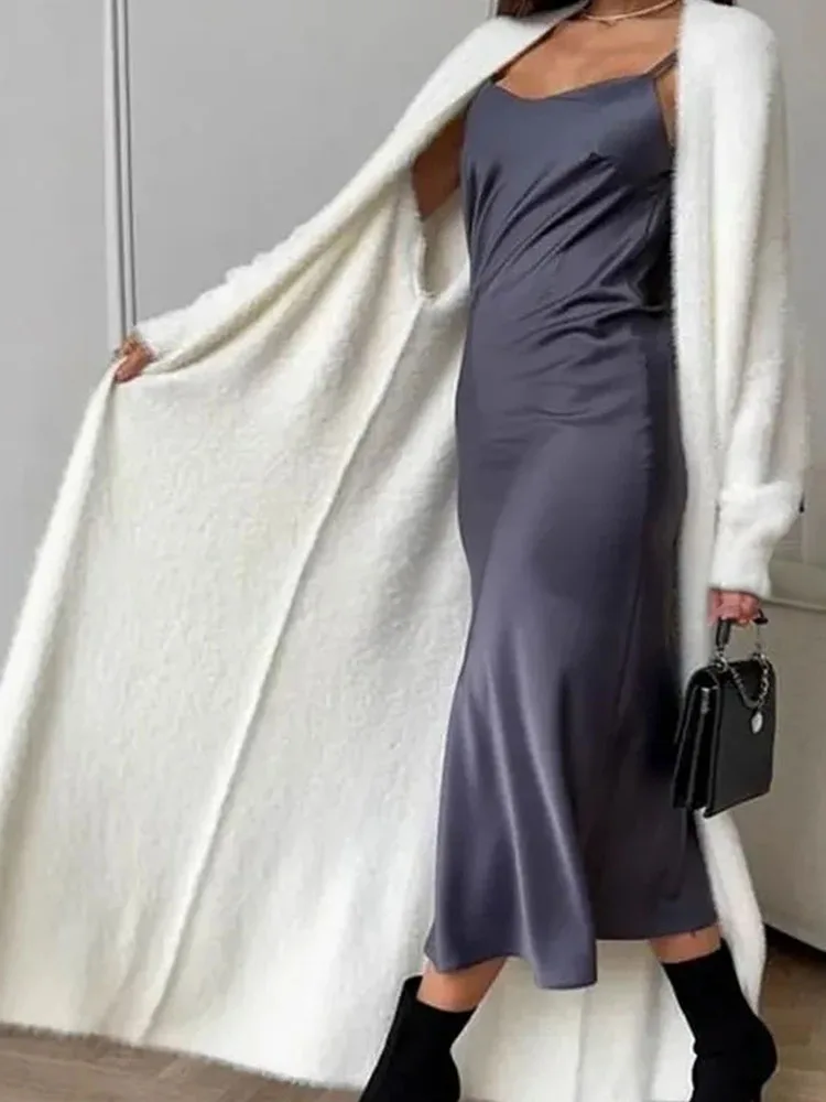 

Женские сексуальные длинные кардиганы с v-образным вырезом и длинными рукавами, 2022, элегантные плюшевые однотонные куртки, осенне-зимние повседневные простые пальто