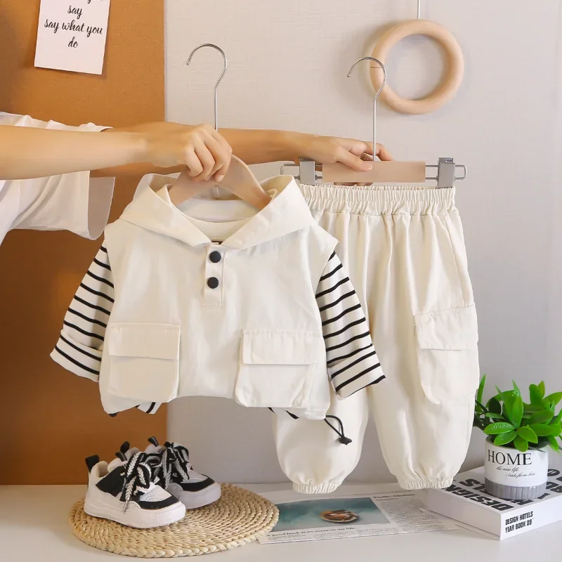 New Spring Autumn Baby Boys Clothes Suit Children Solid Hooded Vest Striped T-Shirt Pants 3Pcs/Sets Kids Clothing Infant Outfits