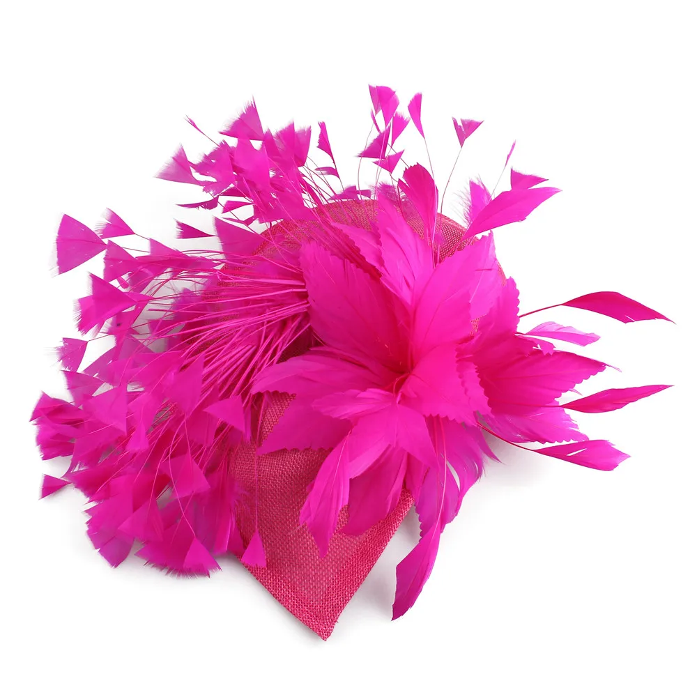 Hot Pink Cocktail Hat Flowers Imitation Sinamay Fascinators Hat Millinery With Feather For Summer Derby Wedding Party Race Event