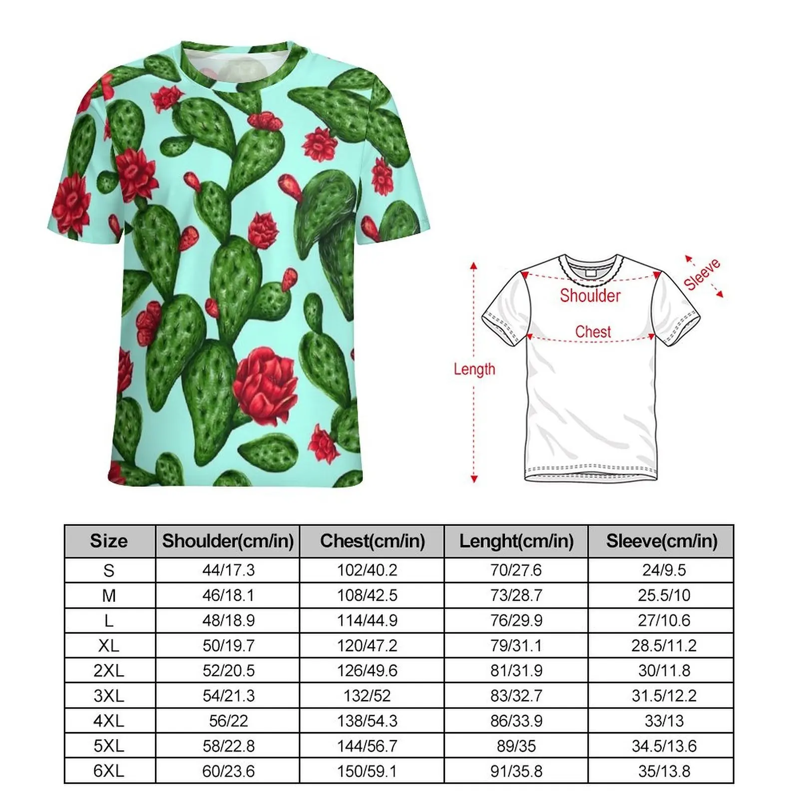 Mint Green Red Flower Cactus Print T Shirt  Kawaii T-Shirts O Neck Cool Tshirt Summer Men Pattern Tees Big Size 5XL 6XL
