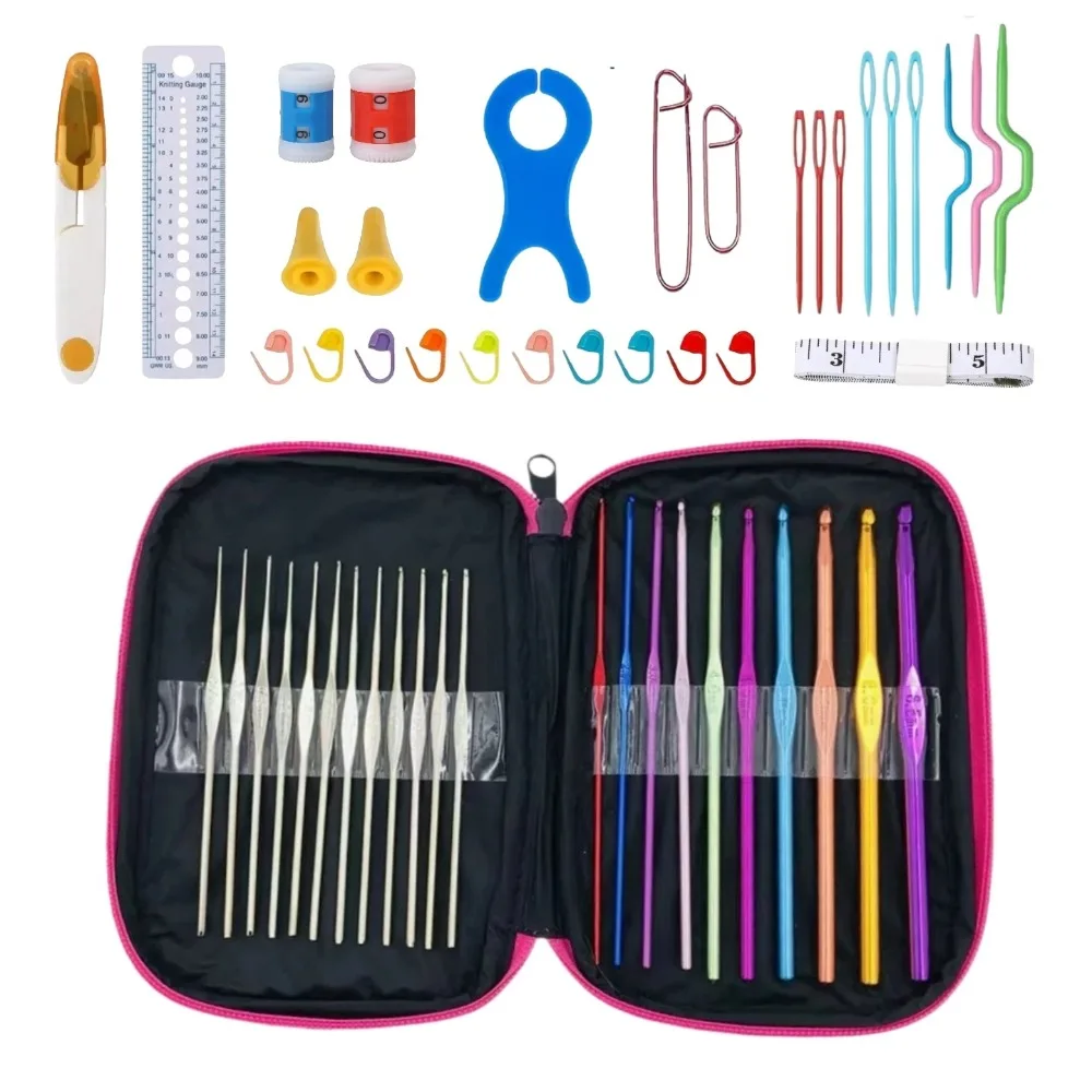 51-teiliges Häkelnadel-Set mit Tasche, Farbige Aluminium- & Edelstahl-Stricknadeln, DIY Garn-Weberei Näh- und Bastelwerkzeuge