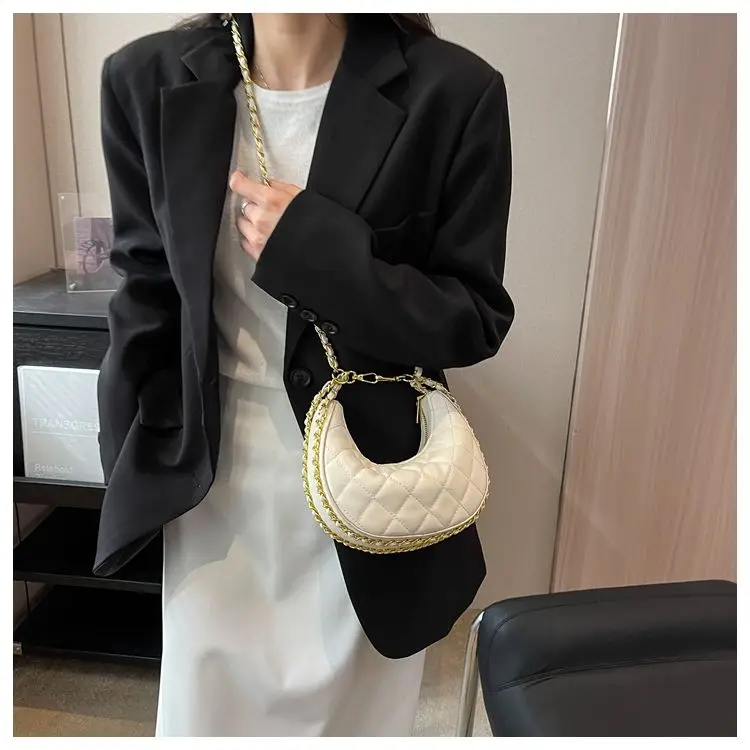 JIAERDI Fairycore Solid Y2k Messenger Bags Women High Street Chains Rhombic Lattice Half Moon Bag Ladies Casual Vintage Handbag