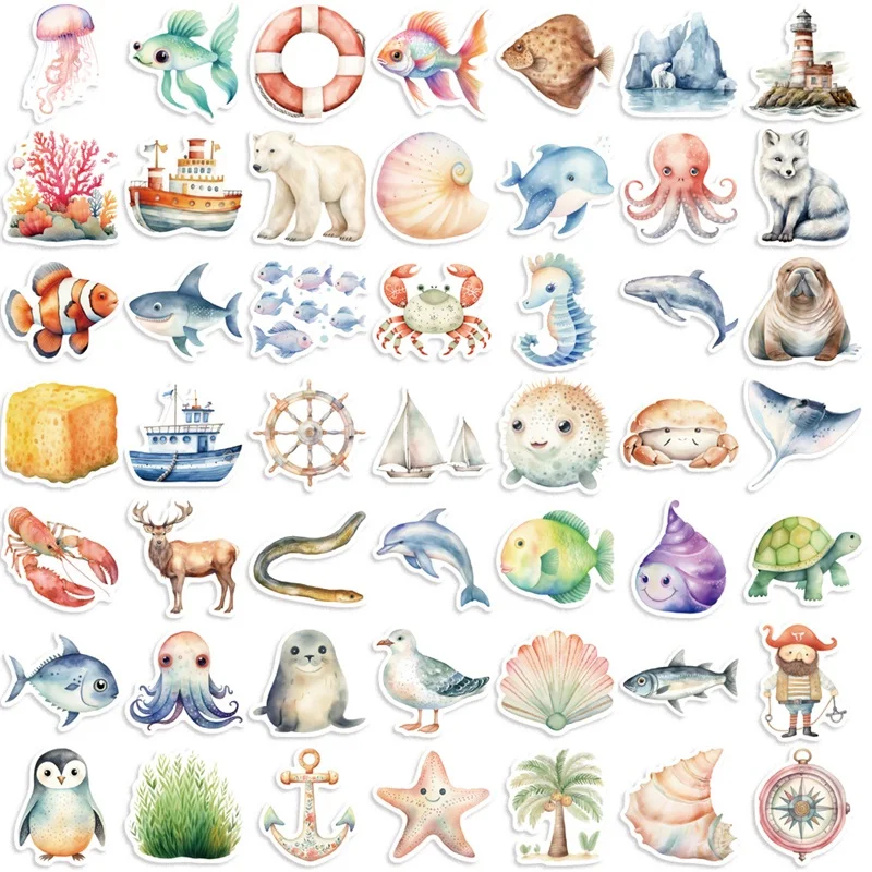 10/30/50PCS Fresh Sea Animal PVC Sticky Sticker Aesthetic DIY Korean Stationery Decoration Scrapbooking School Supplies for Kids