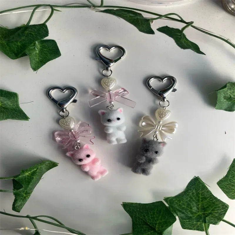 Cute Fuzzy Kitty Cat Heart Bow Keychain, Kitten, Kawaii, Pink Bow, Pearl Heart