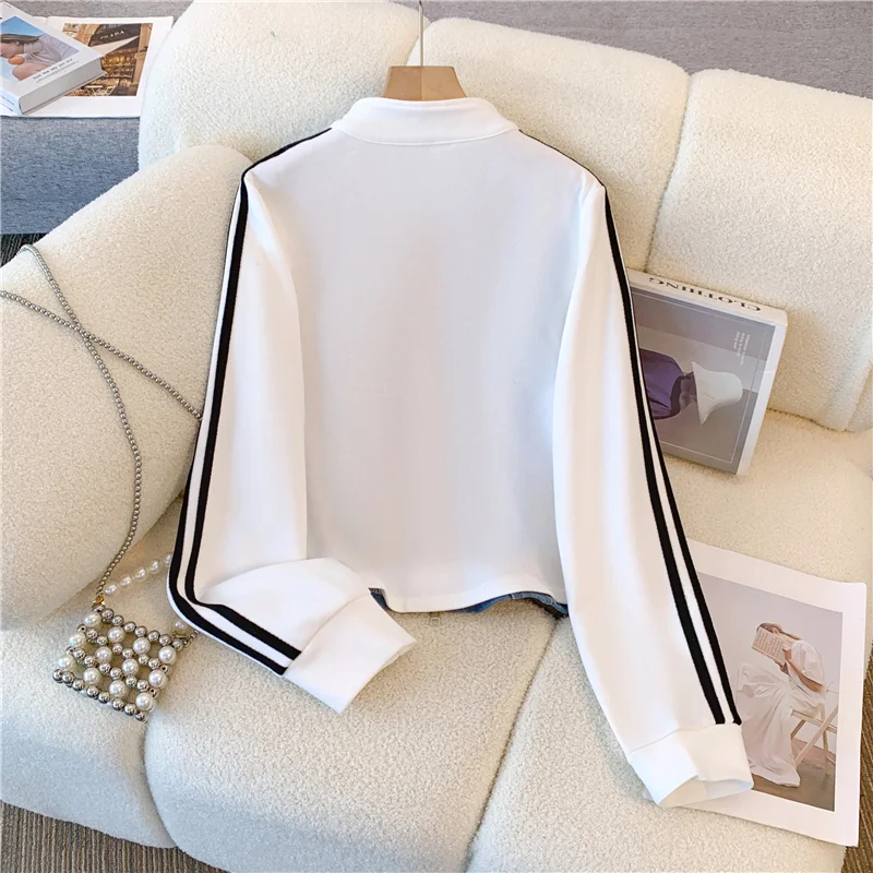 2024 New Spring Women Fashion Casual denim Striped Straight Leg Pants Loose Long Sleeves Zipper Stand Collar Jackets Outerwear