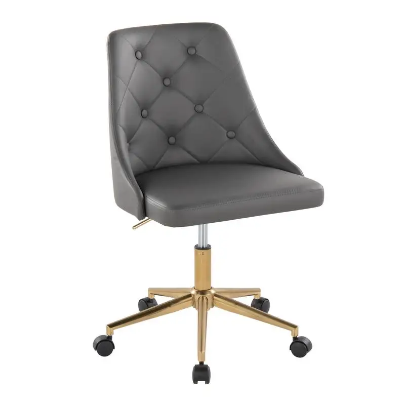 Contemporary Swivel Task Chair with Casters in Gold Metal & Grey Faux Leather - Stylish Office Seating Solution