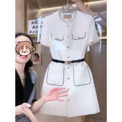 French white dress female summer new pocket design sense fashion temperament small fragrance casual waist slim A-line skirt.