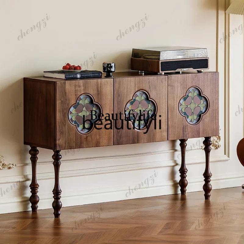 D5556 North American Black Walnut Entrance Cabinet Vintage Style Solid Wood Living Room Decorative Cabinet Antique Storage Displ