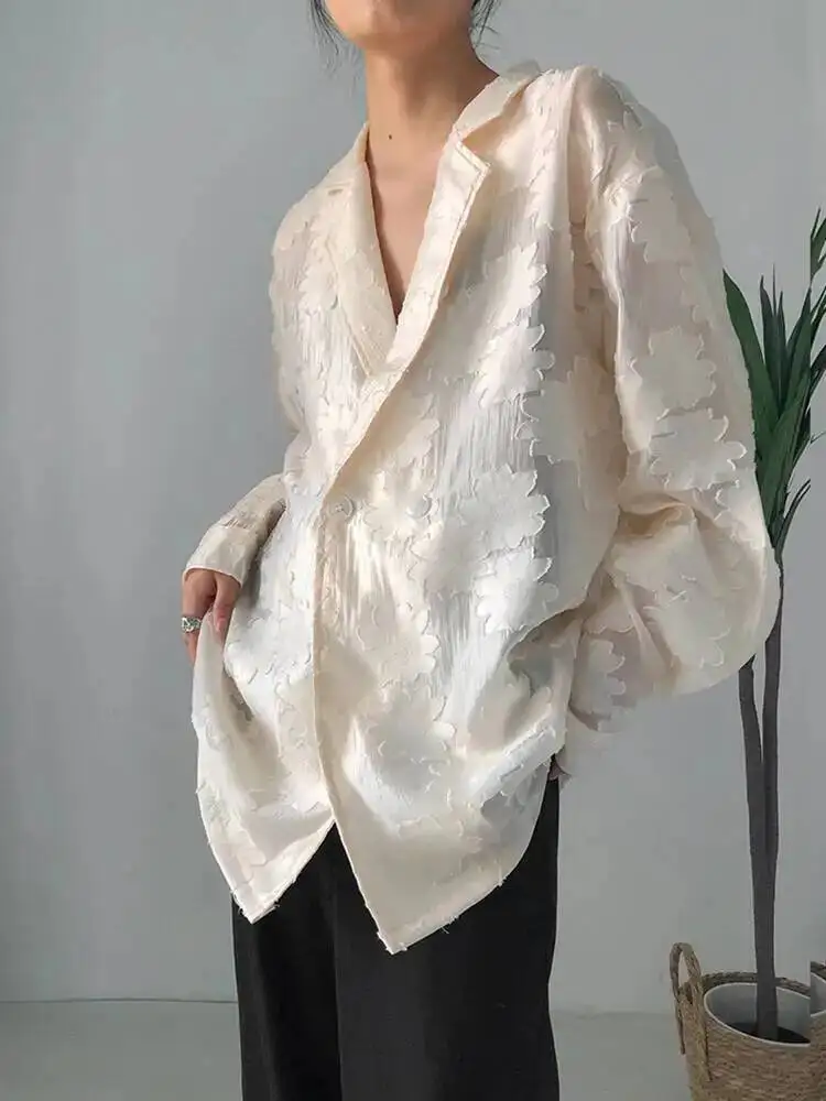 Embroidery Jacquard Women Beige Big Size Blouse New Lapel Long Sleeve Loose Fit Shirt Fashion Spring Autumn 2026 7SWQ