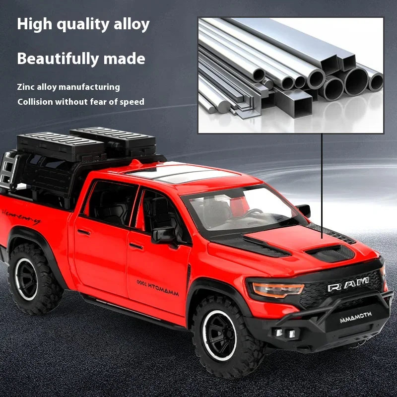 1:32 Dodge RAM MAMMOTH Pickup Off Road car Miniature Diecast Metal Model Car Toy Pull Back Sound & Light Collectibles Gifts A907