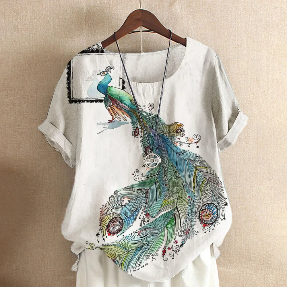 Summer fashion 3D peacock print round neck short-sleeved T-shirt Y2K casual loose women's new T-shirt white shirt plus size top image 2