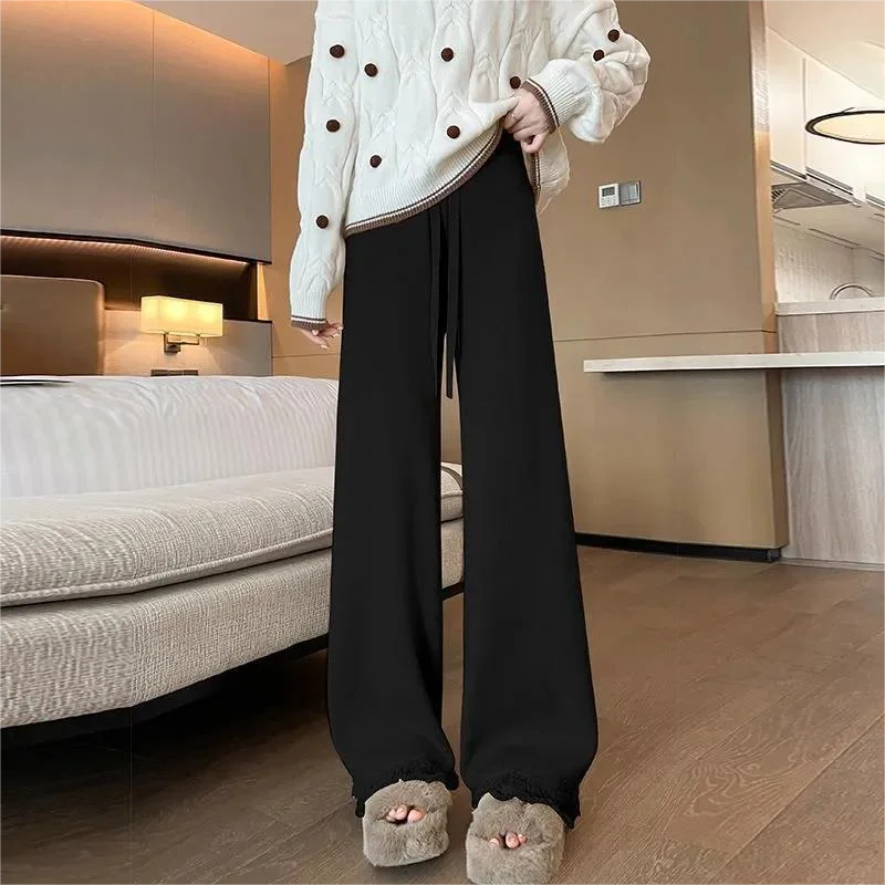 Loose Pants Women Autumn Winter 2023 Fashion Casual Drawstring Wide Leg Pants Chic High Waisted Straight Knitted Pants