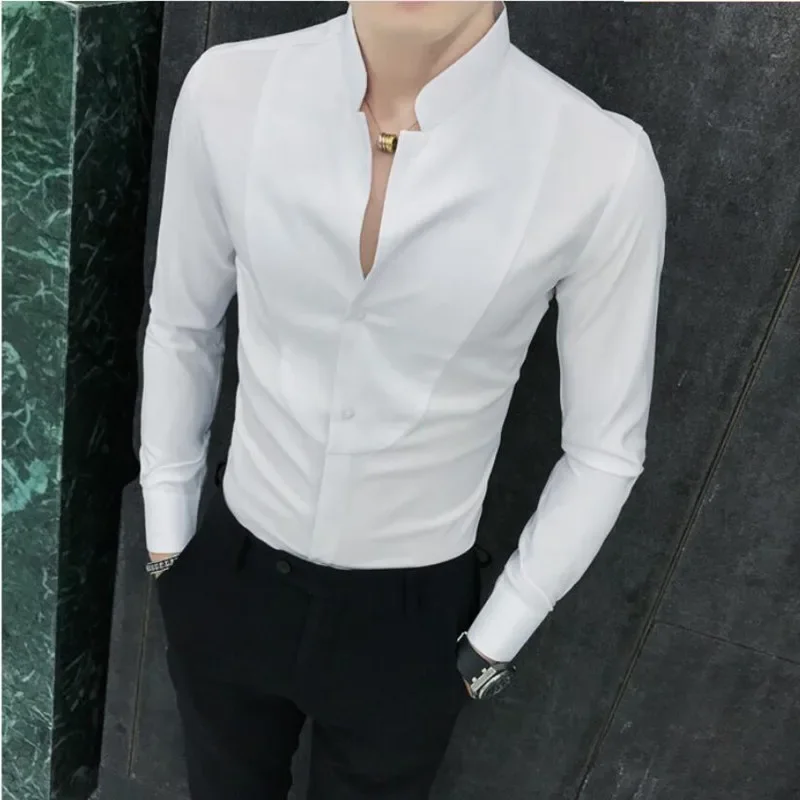 

4XL 5XL Autumn New Solid Long Sleeve Dress Shirt Men Clothing Simple Slim Fit Casual V-Neck Formal Wear Office Blouse Homme Hot