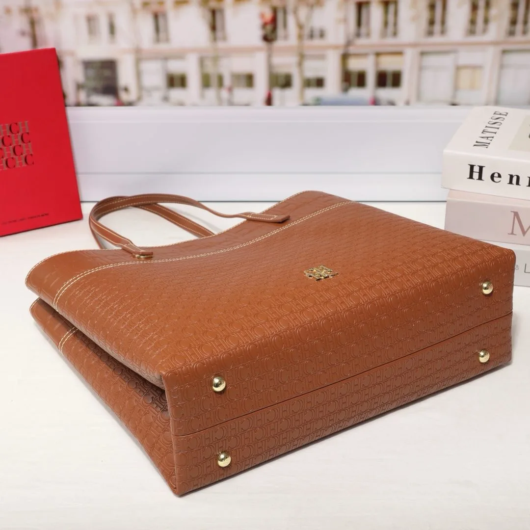 CH Leather Women's Bag Brand Engraved Exquisite Large Capacity Handbag Classic Durable Elegant Fashion Casual Bag with Base